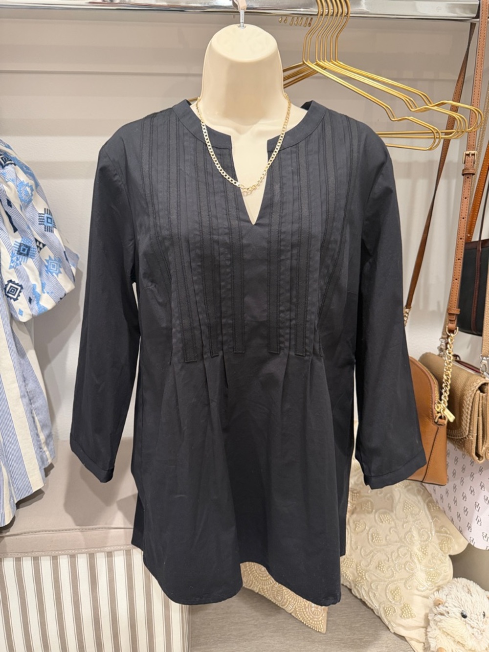 Talbots Black Pintuck V-Notch Tunic
